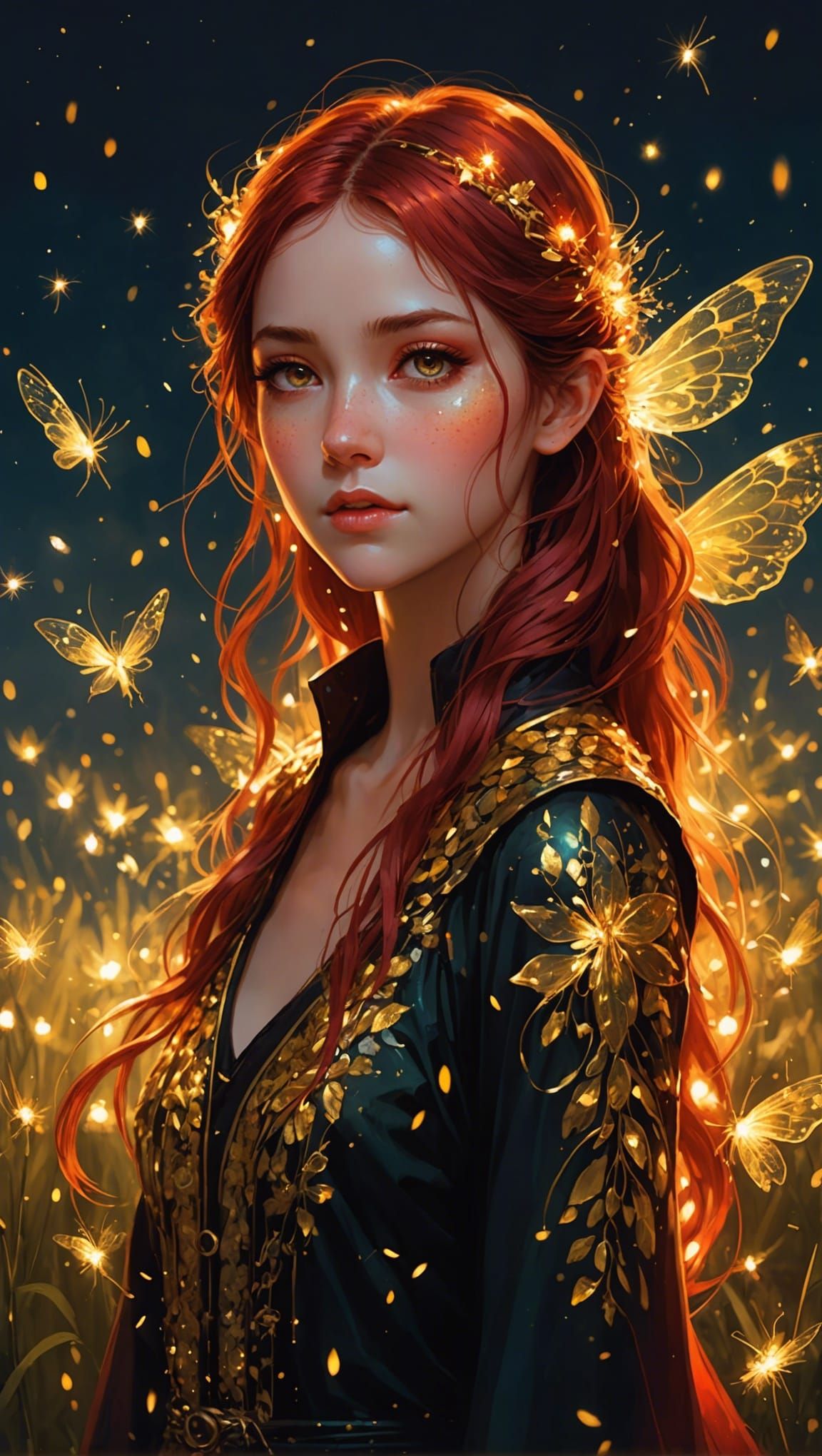 Fire Fairy Portrait with Fireflies in Anime Style