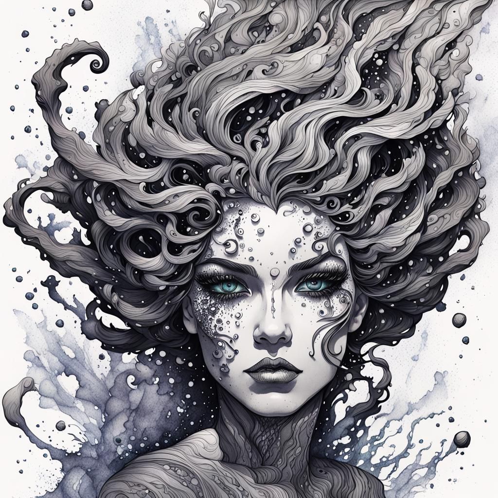 Monochrome Sea Witch Pen and Ink Drawing