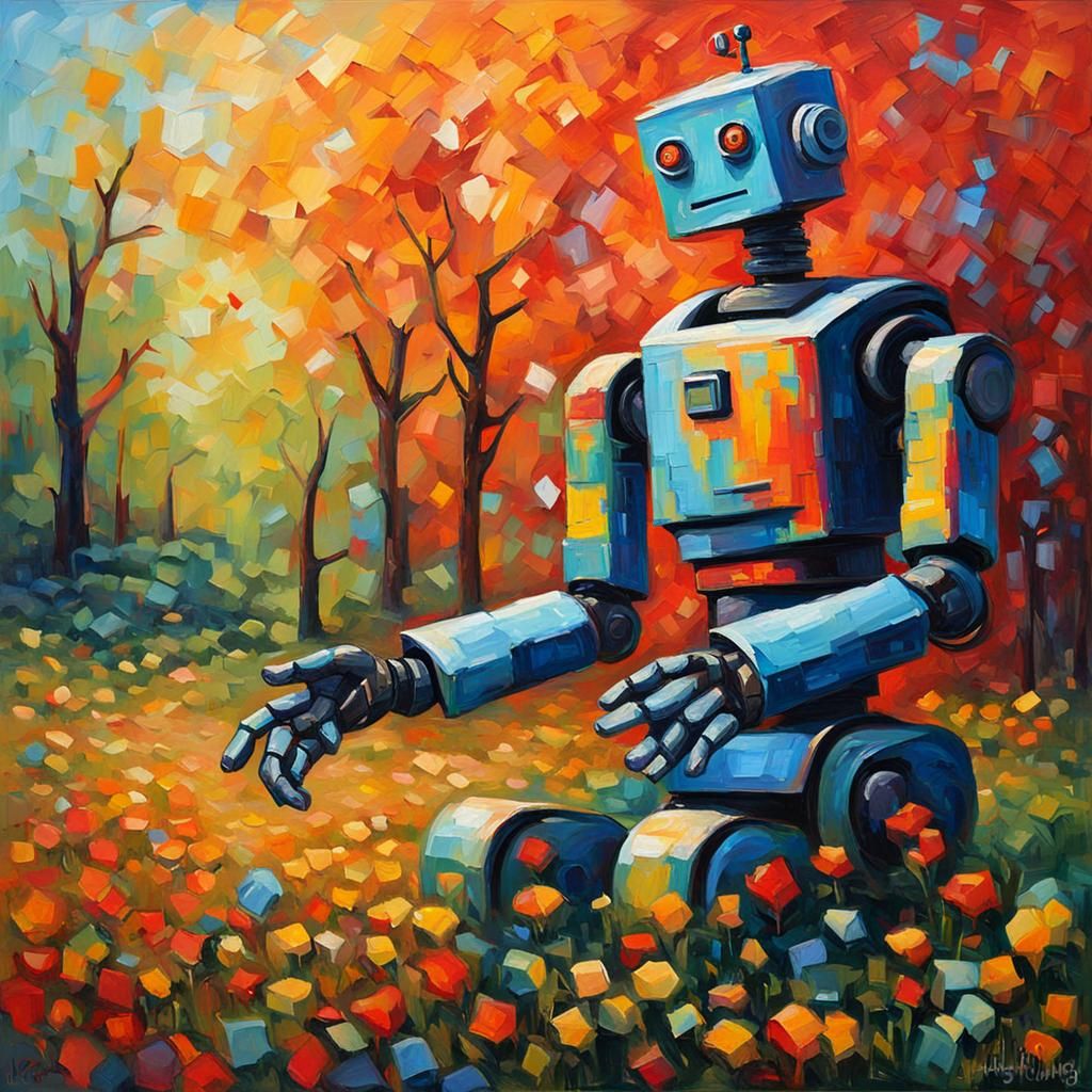 Robot in Flower Field: Neo-Impressionist Oil Painting