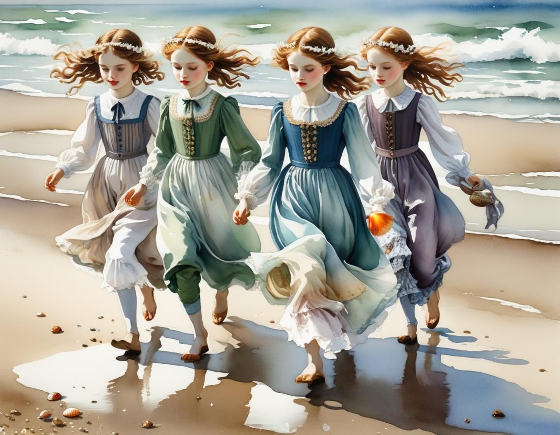 Children Collecting Shells, Delicate Watercolor Illustration