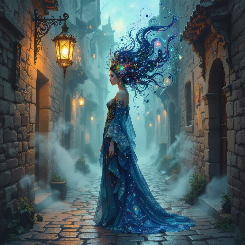 Ethereal Woman in Cosmic Alleyway, Painterly Style