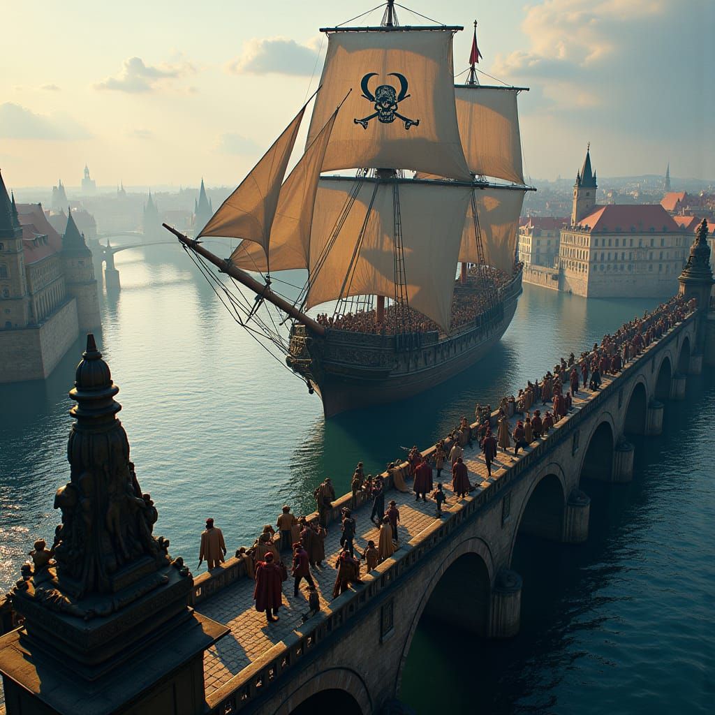Pirate Galleon on Vltava River, Digital Art