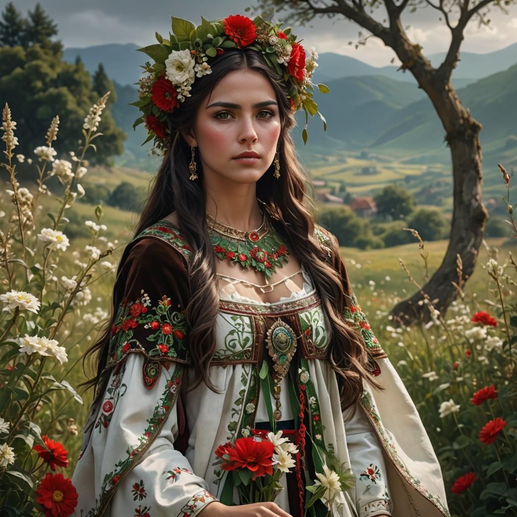 Girl in Traditional Bulgarian Dress with Flower Wreath