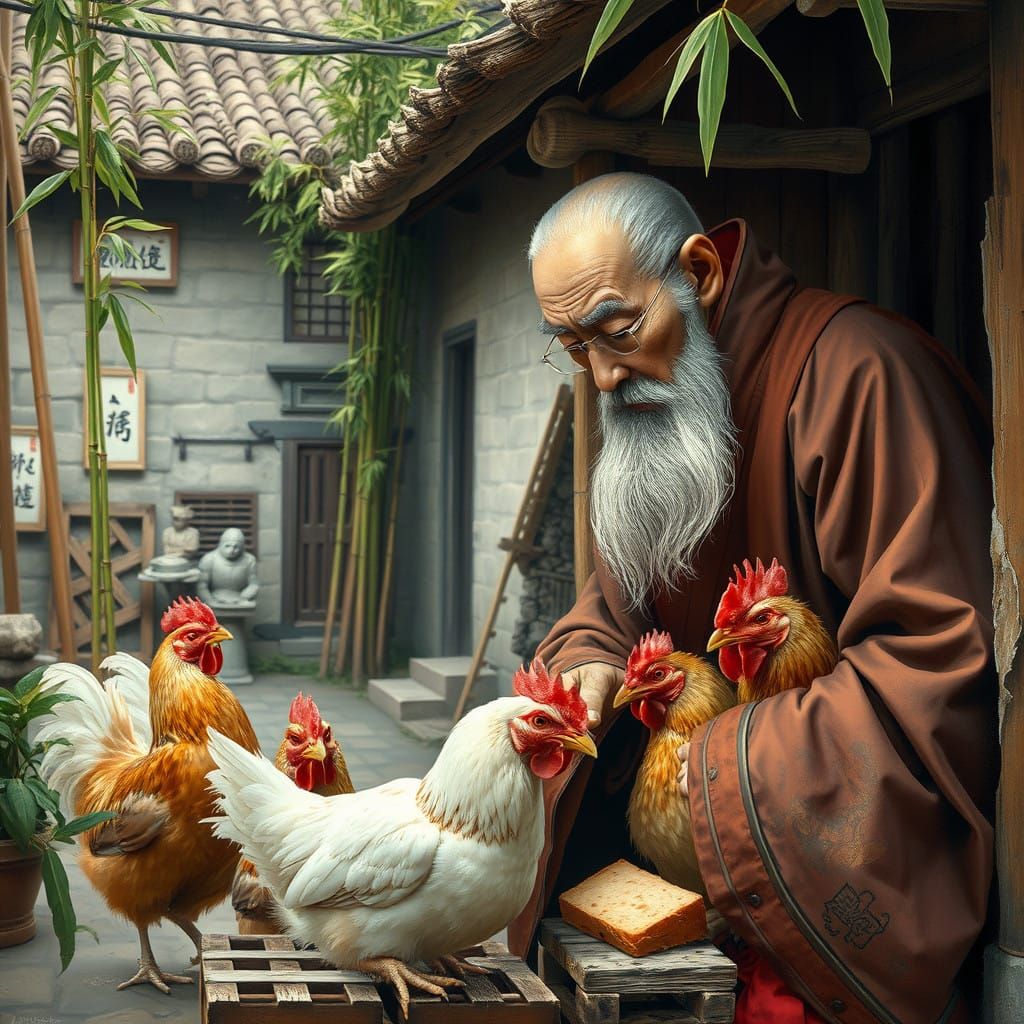 Elderly Chinese Sage Surrounded by Serene Chickens in Tradit...