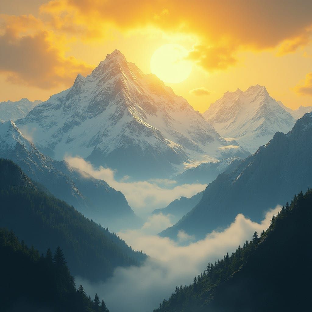 Majestic Snow-Capped Mountains Meet Vibrant Yellow Sky
