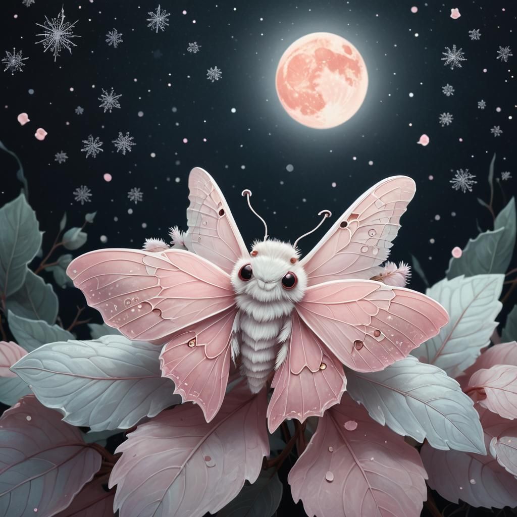 Whimsical Nighttime Scene of a Glowing Chibi Moth in a Paste...