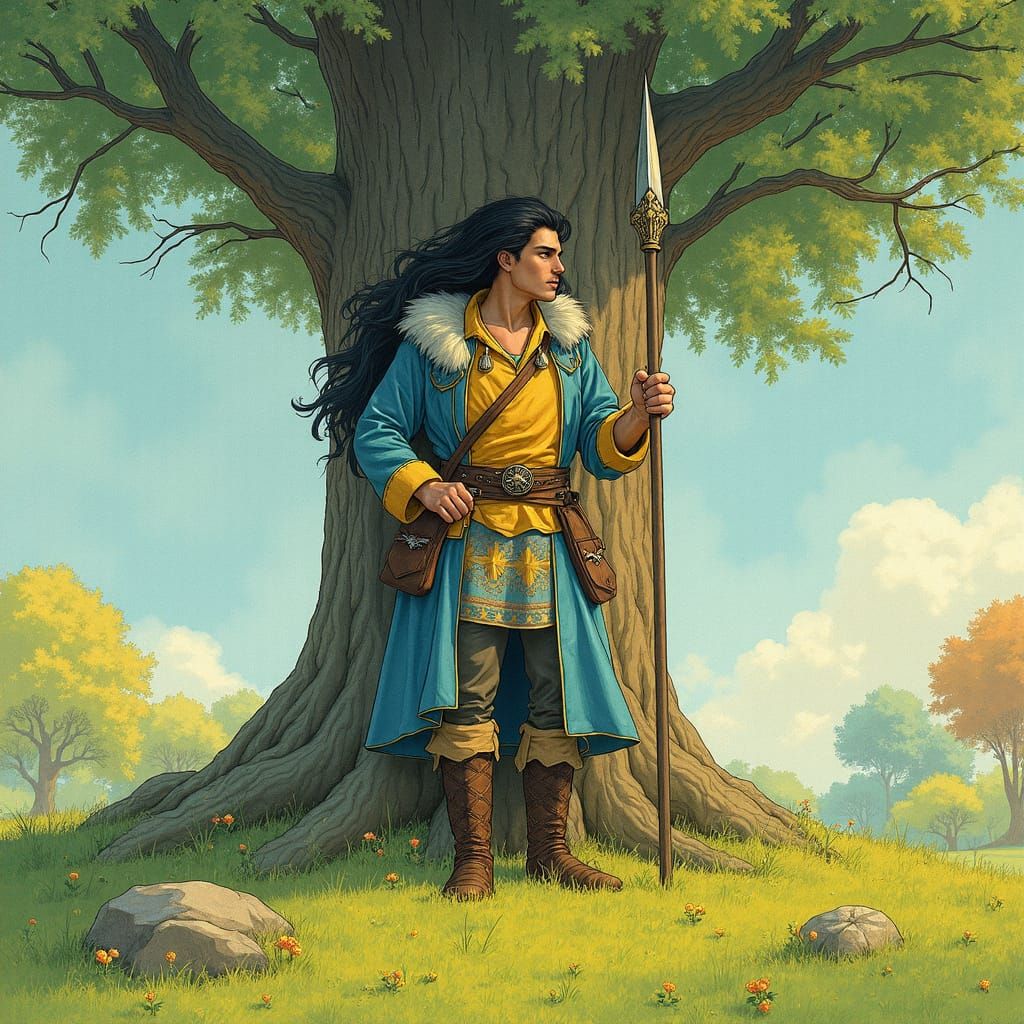 Fantasy Illustration of Man with Spear in Grassy Field