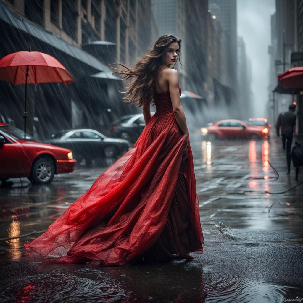 Gotham Beauty in Red Gown, Hyperrealistic Style