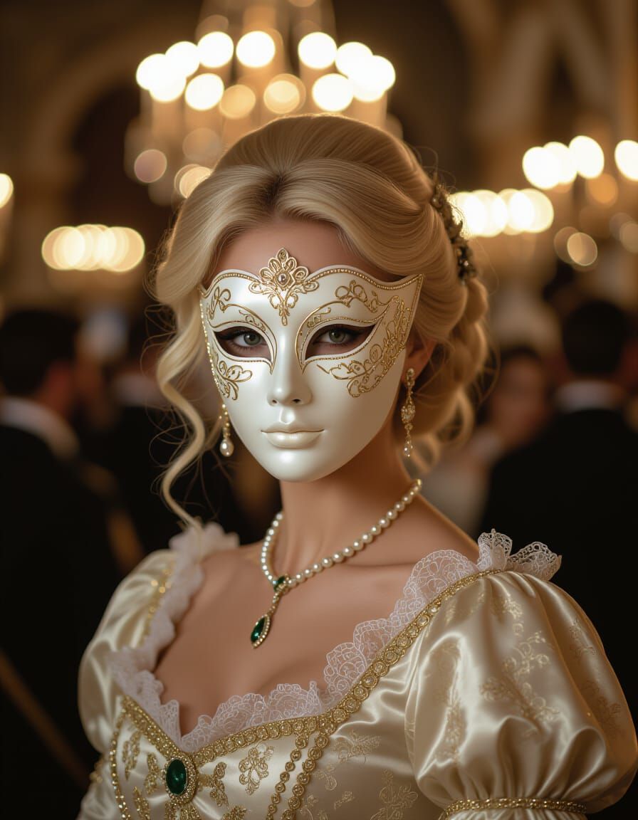 Blonde Woman in Ivory Mask at Baroque Ball