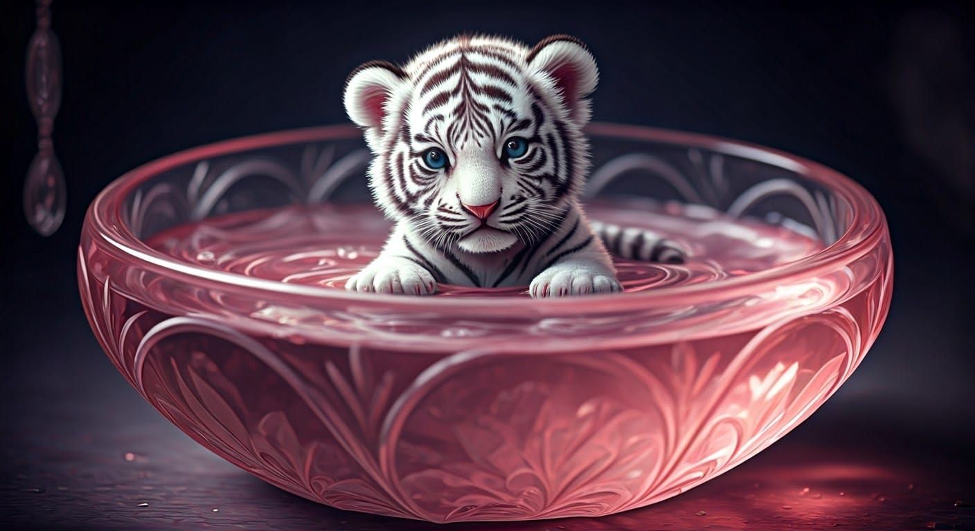 Whimsical Tiger Cub in Crystal Bowl