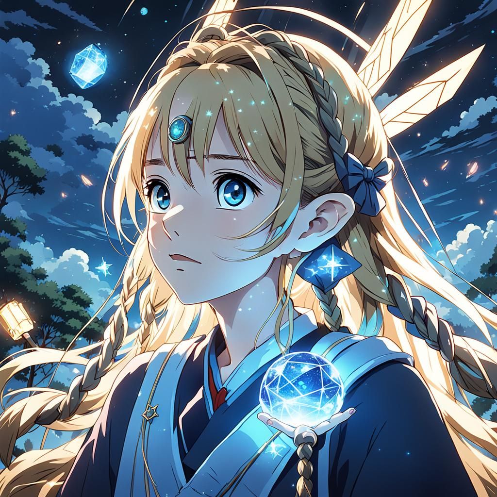 Anime Girl with Blue Stone in Ghibli Style