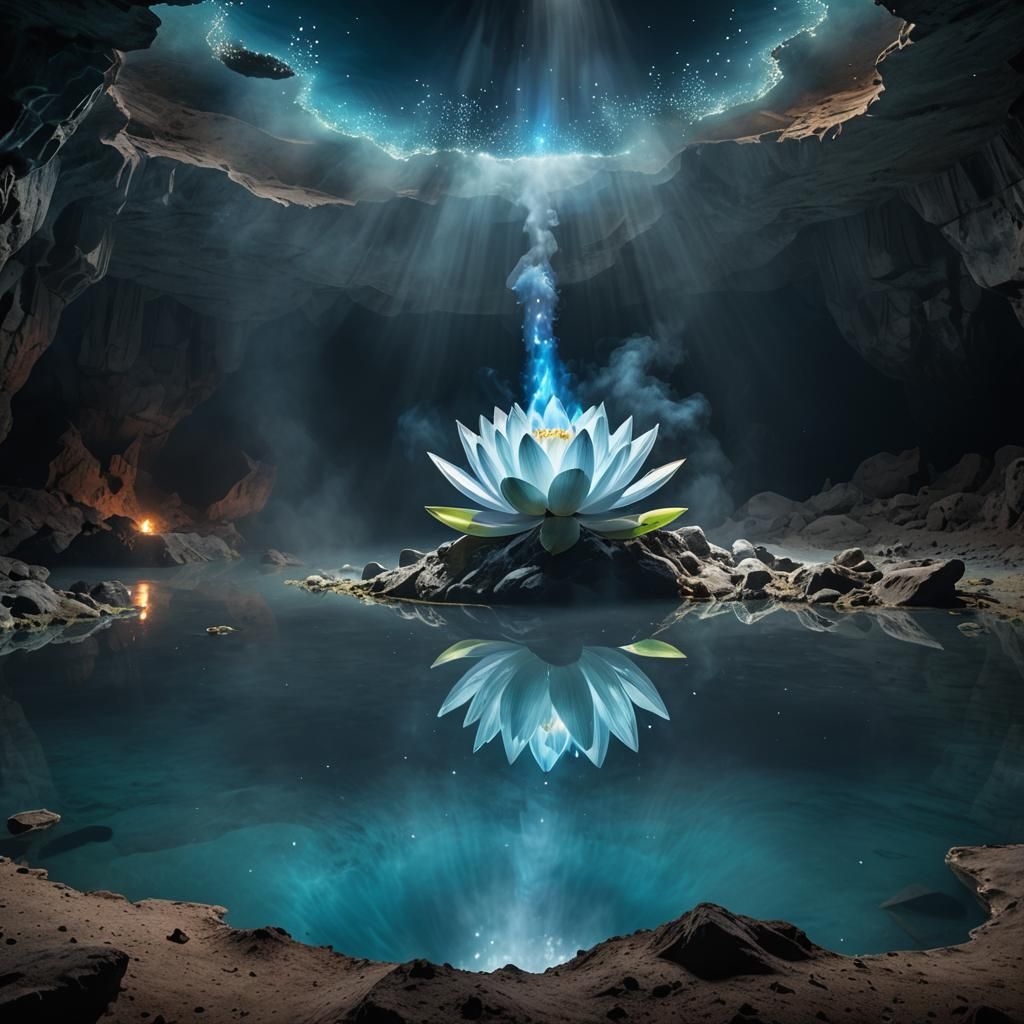 An blue turquoise lotus emitting a bright blue light and emitting blue smoke with white radiant particles, floating on a...