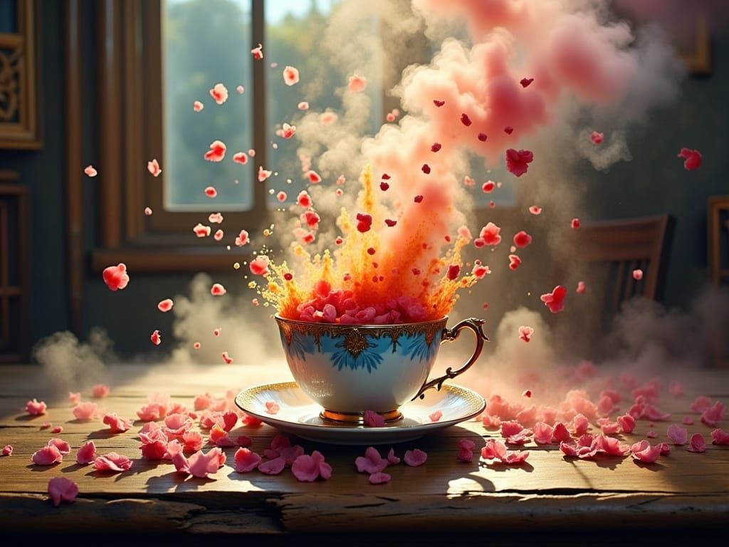 Delicate Tea Cup in Whirlwind of Vibrant Petals and Liquid S...