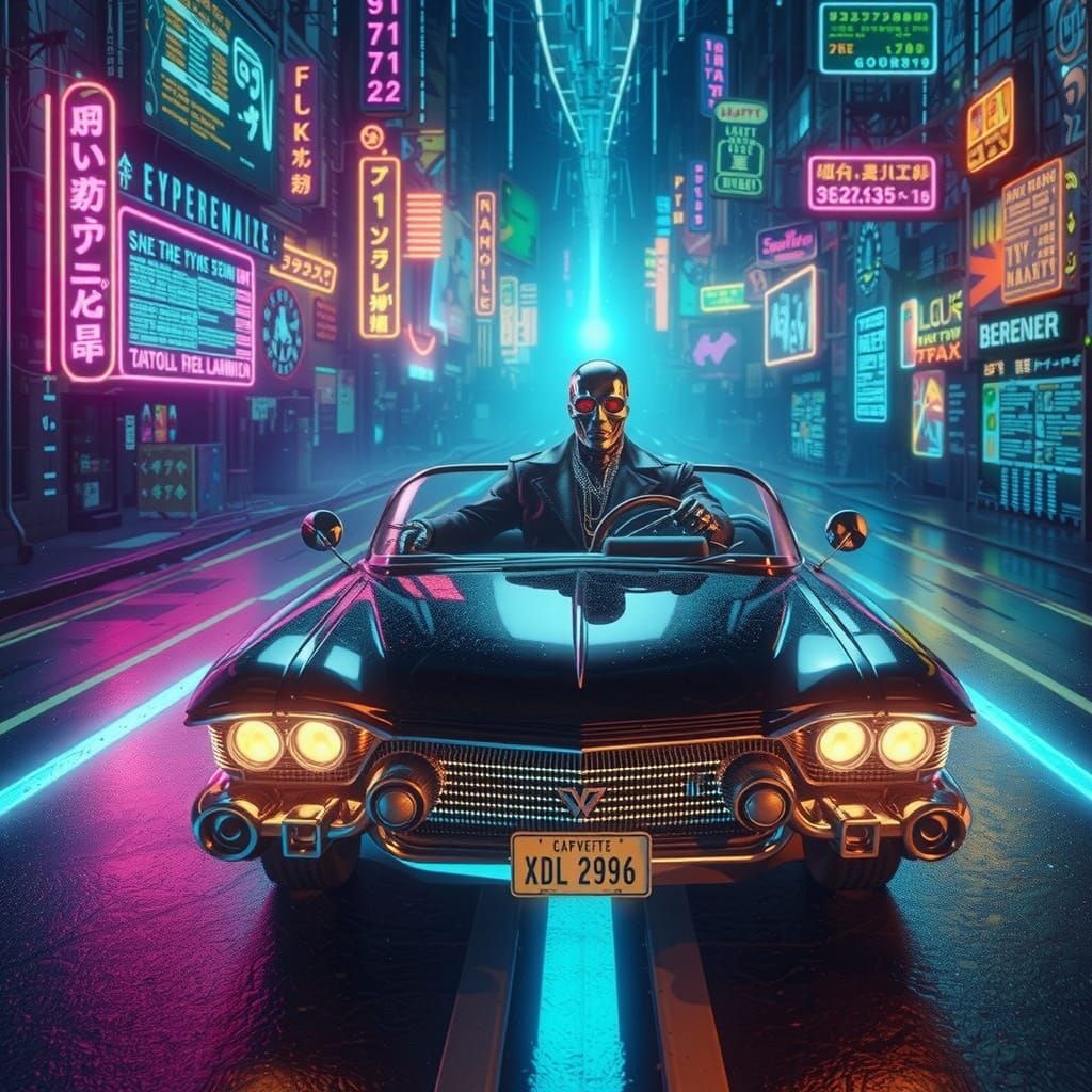 Cyberpunk Terminator Drives Neon Highway