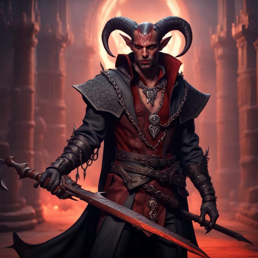 Tiefling Warlock with Gleve in Detailed Matte Painting