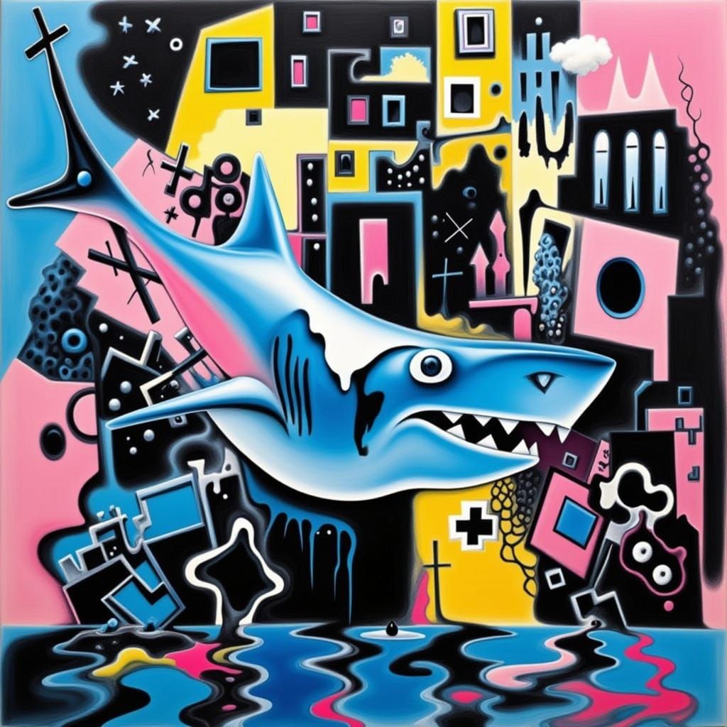Stylized Shark Swims Through Pop Art Cityscape