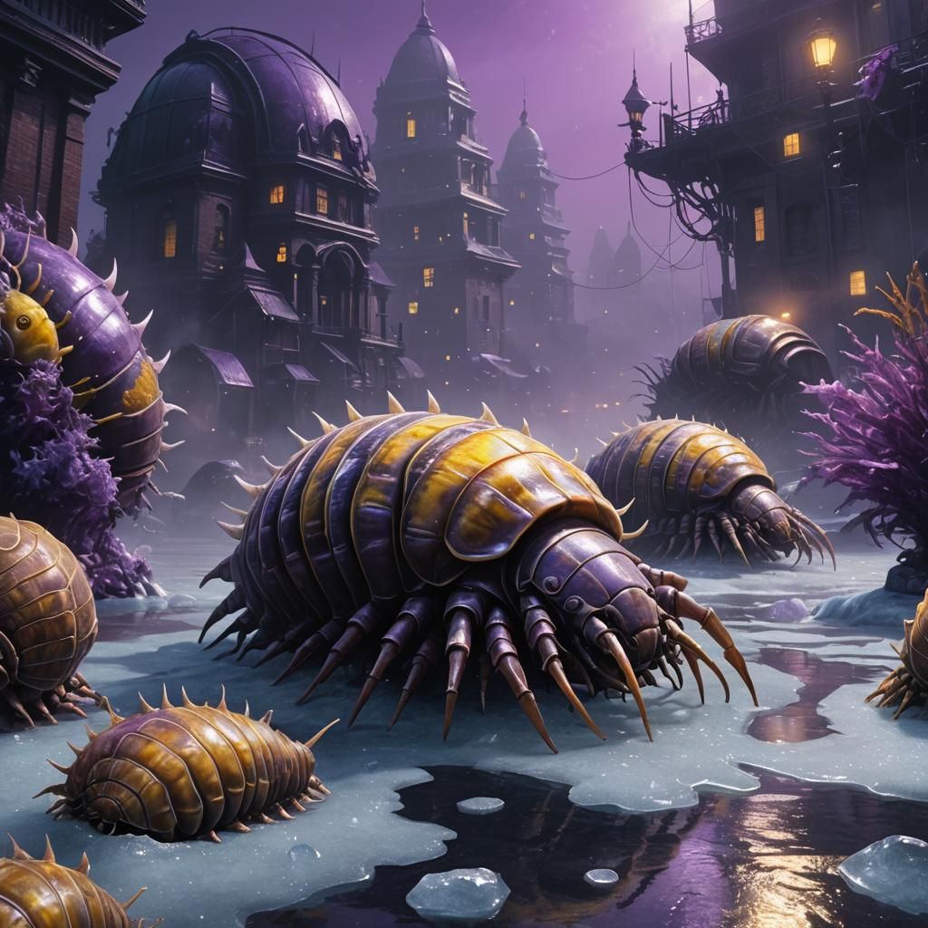 Giant Isopods on Thin Ice in Fantasy Cityscape
