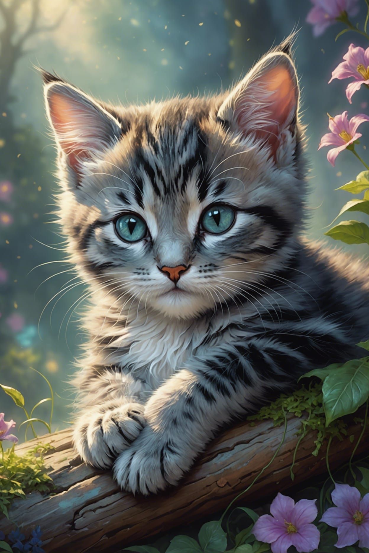 Sleeping Kitten in Ethereal Fantasy Landscape