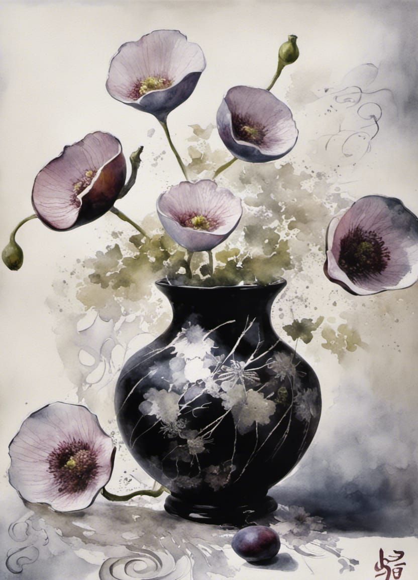 Ikebana Arrangement with Figs in Watercolor Style