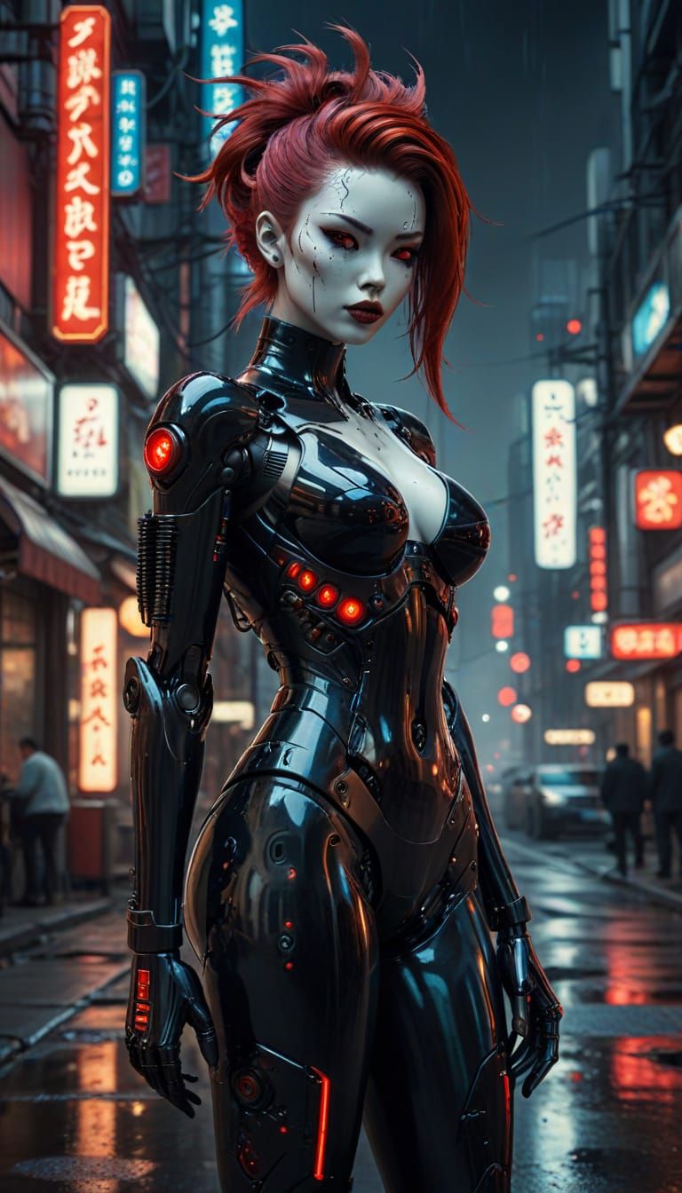 Cyberpunk Gynoid Robot Pinup in Moody Cityscape