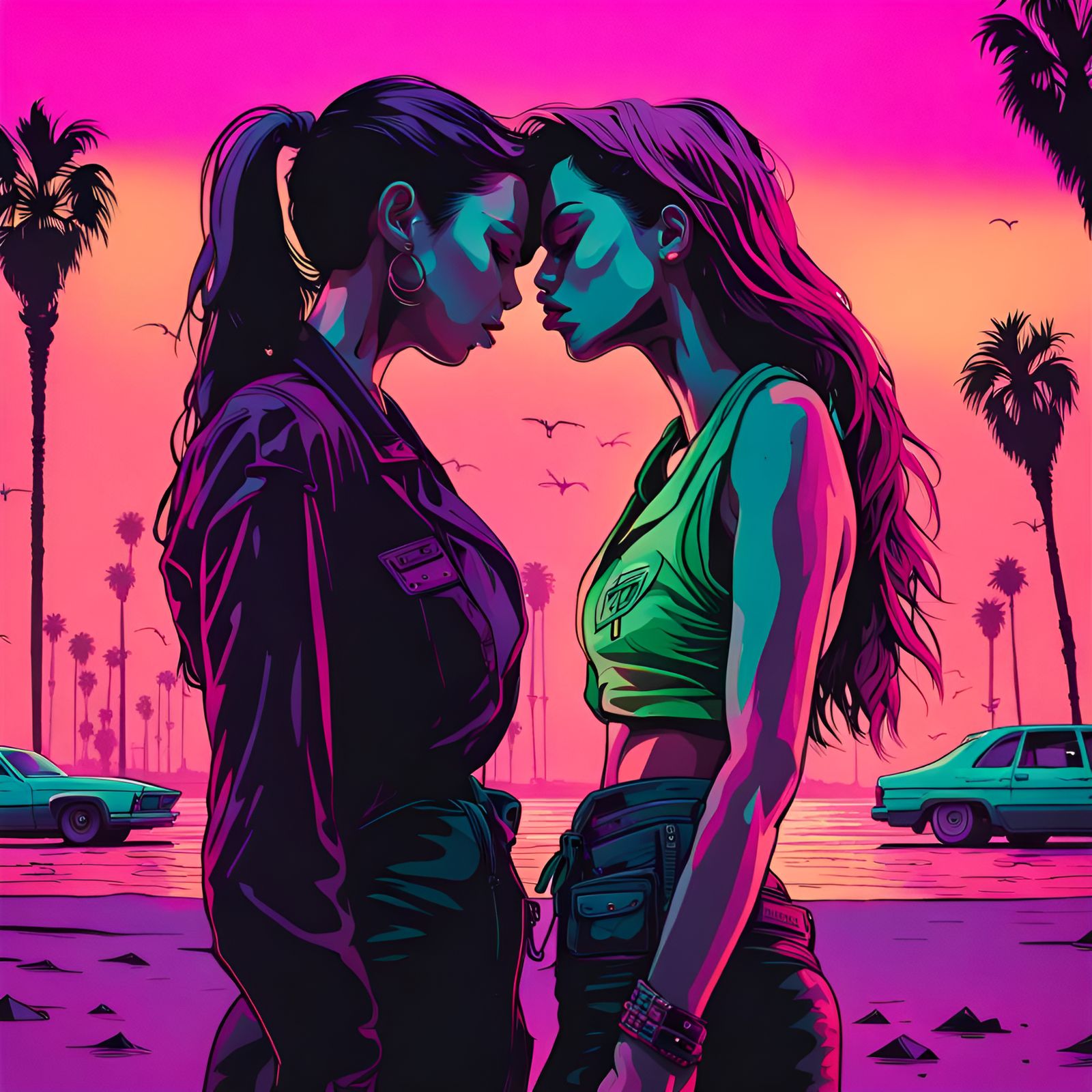 Cyberpunk Kiss on Venice Beach in Neon Style