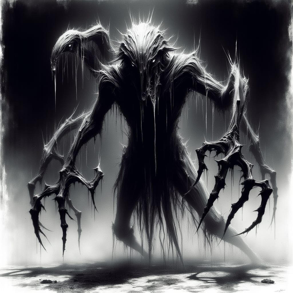 Terrifying Alien Creature in Monochrome Sketch Style