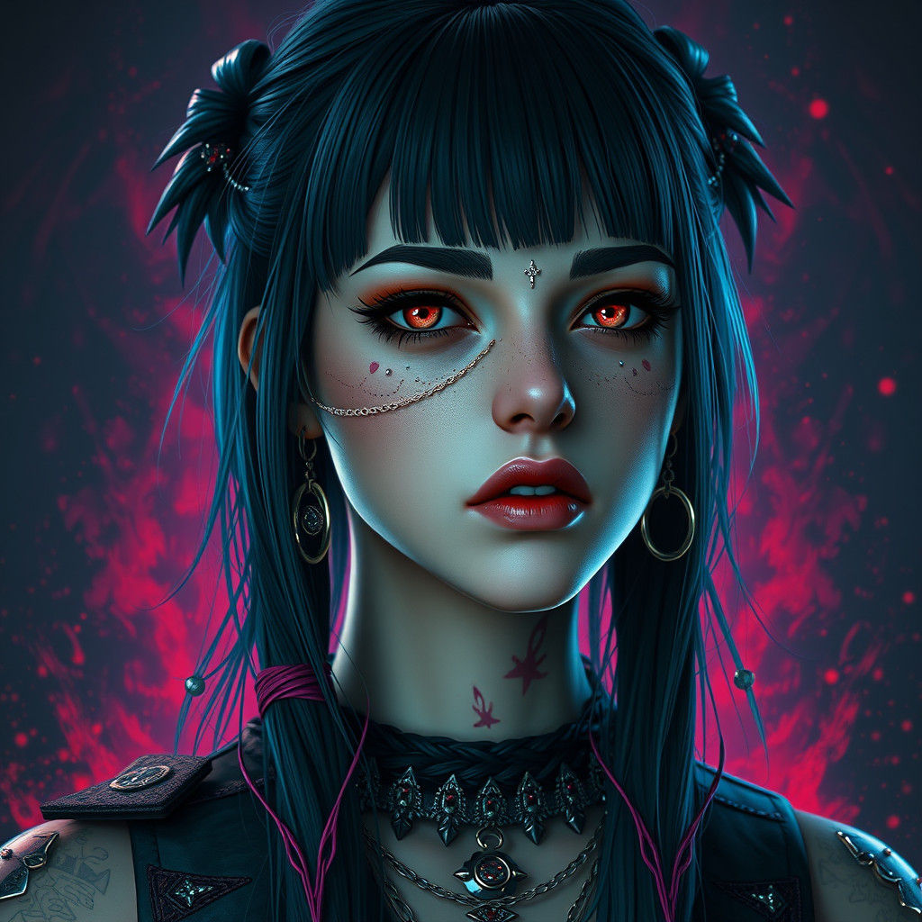 Emo Goth Girl with Piercings: Detailed Matte Painting