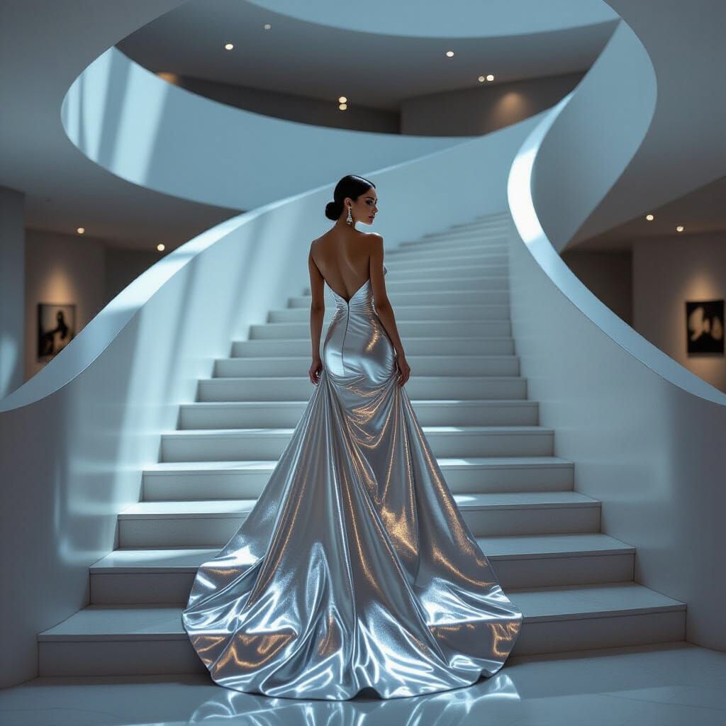 A supermodel in a shimmering silver gown, walking down a grand staircase in a modern art museum, the gown flowing behind...