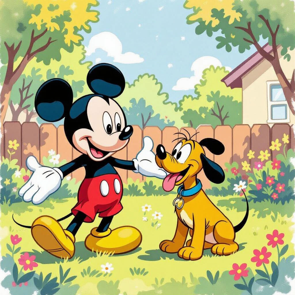 Mickey Mouse and Pluto Play in Backyard