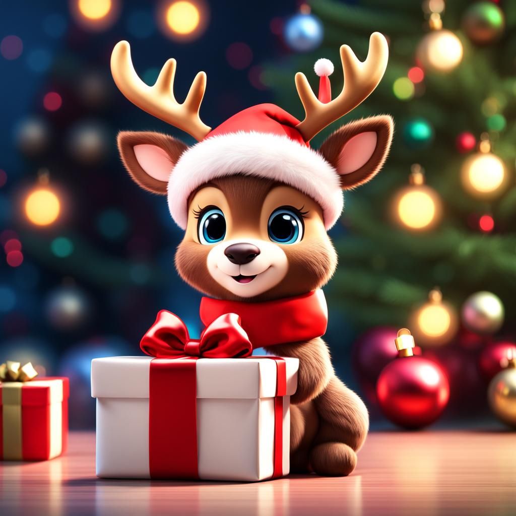 Cute Chibi Reindeer in Christmas Scene, 3D Digital Art