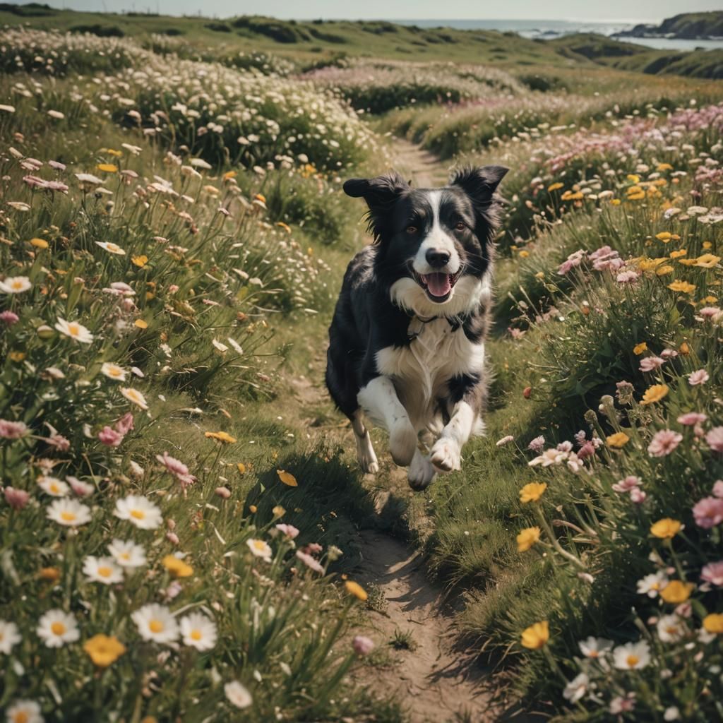 Border Collie Runs Through Flower Field