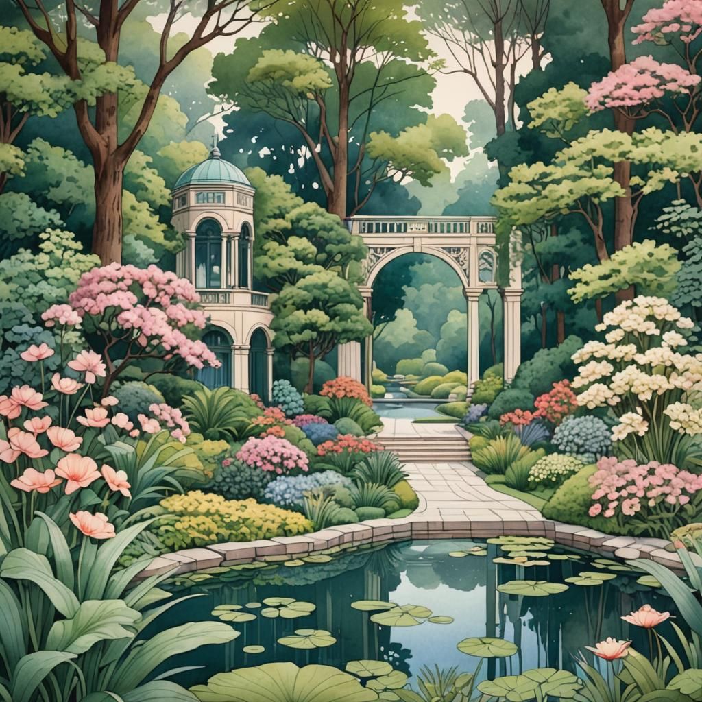 Art Deco Garden with Flowers in Watercolor and Ink