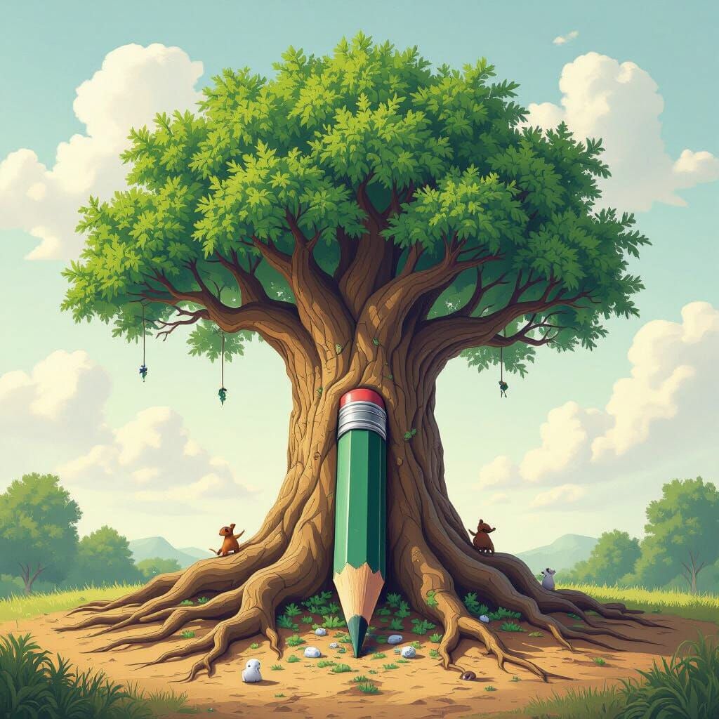 Ancient Tree with Parchment Bark and Pencil Shaving Leaves