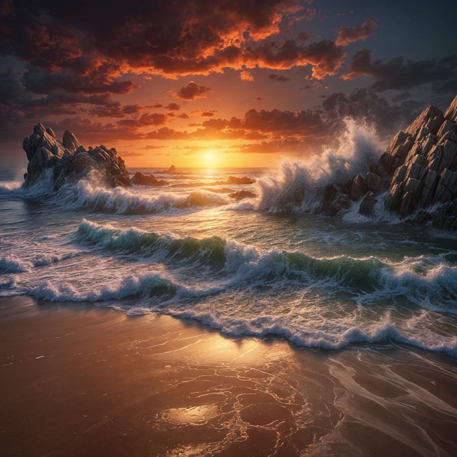 A dramatic sunset over a deserted beach with waves crashing against the shore