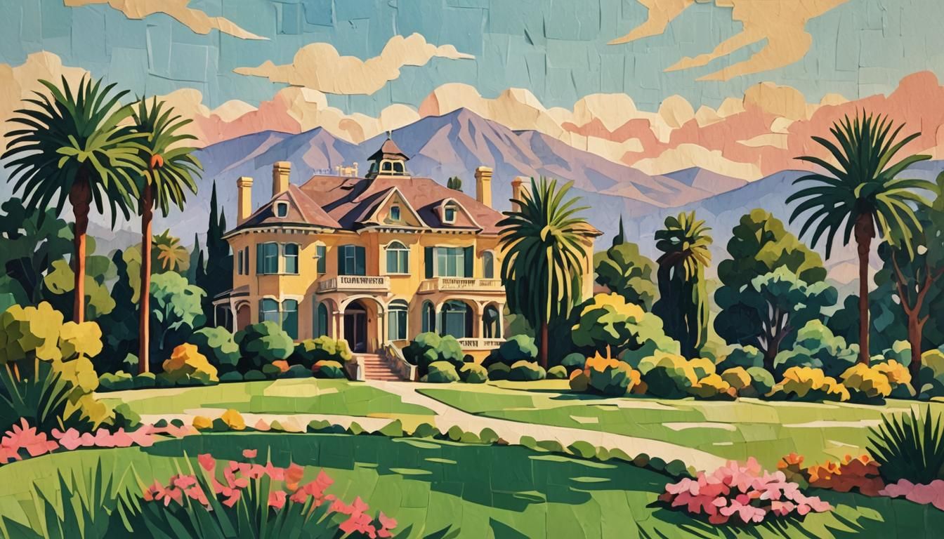 Victorian Mansion Collage Art in Fauvist Style