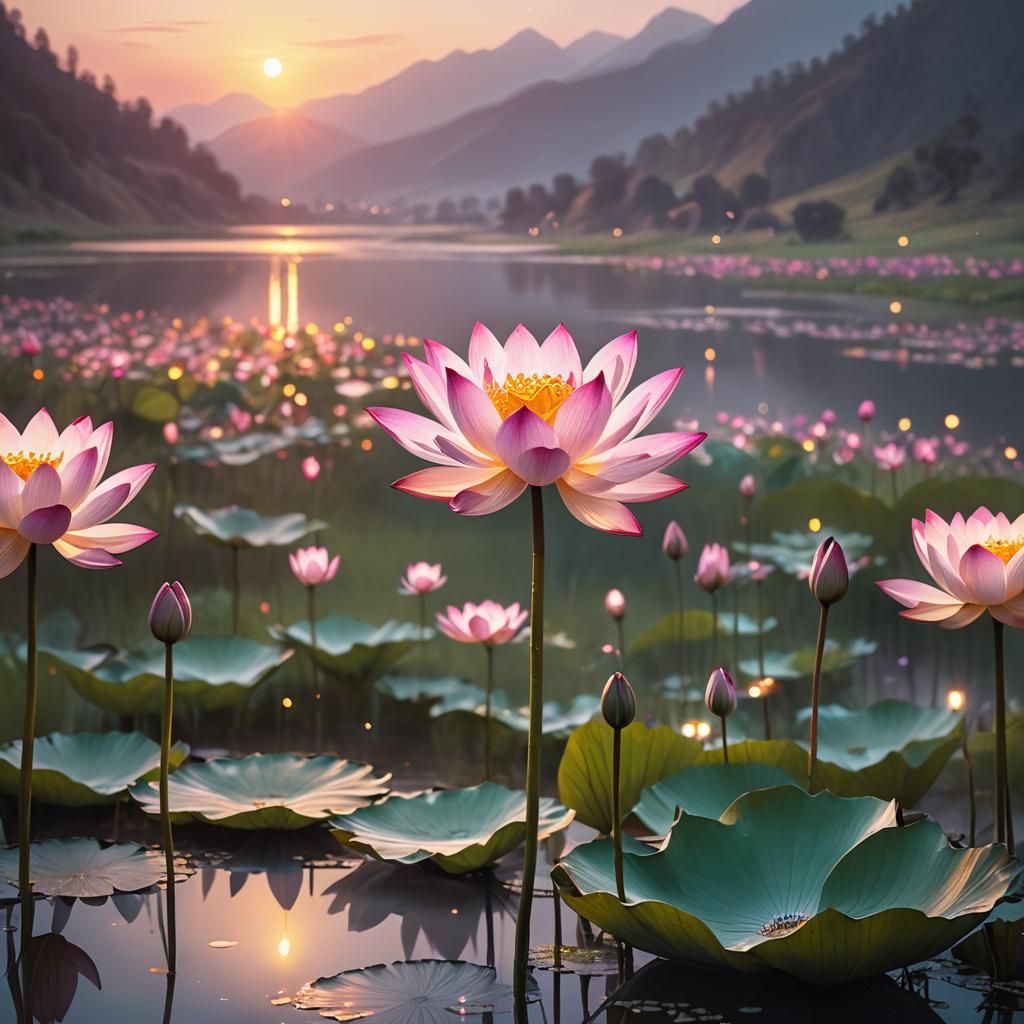 Ethereal Neon Lotus Flower in Golden Valley