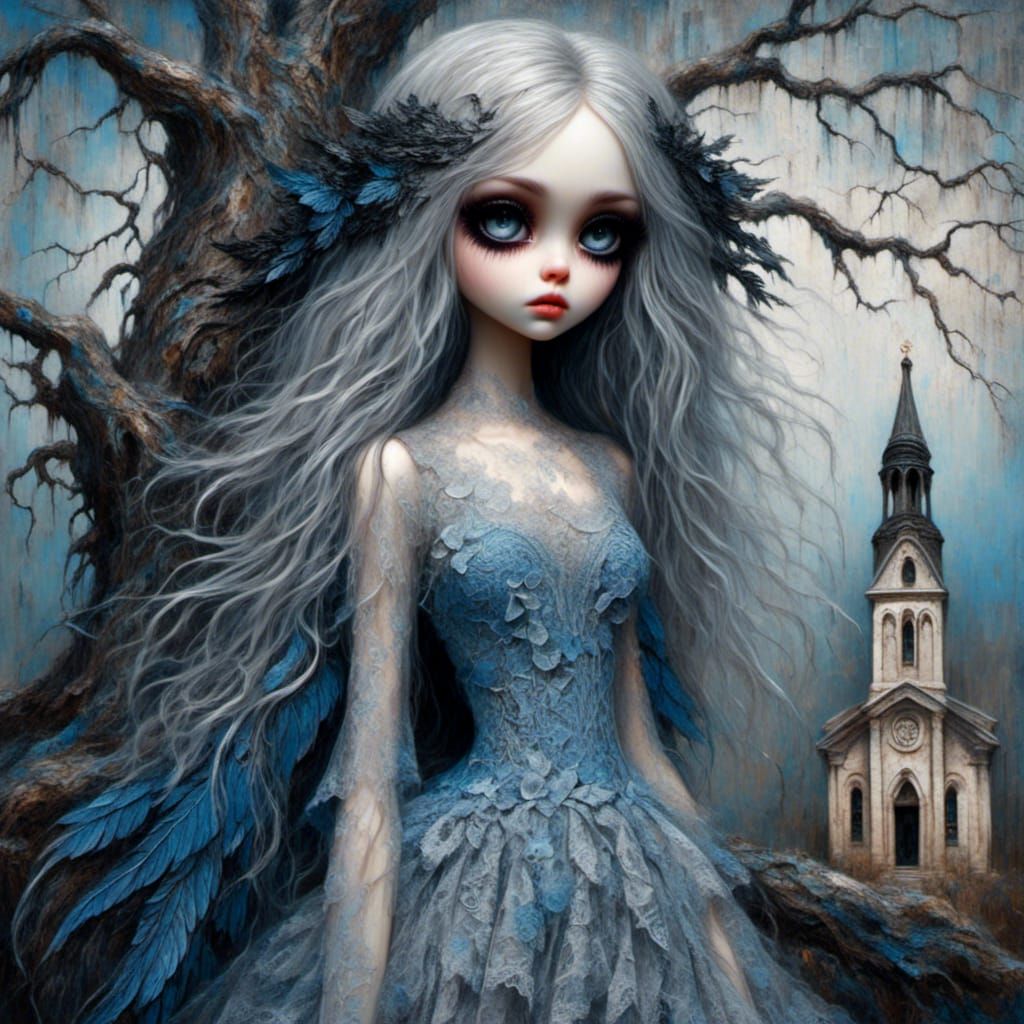 Angel Girl with Blue Lace Dress by Church