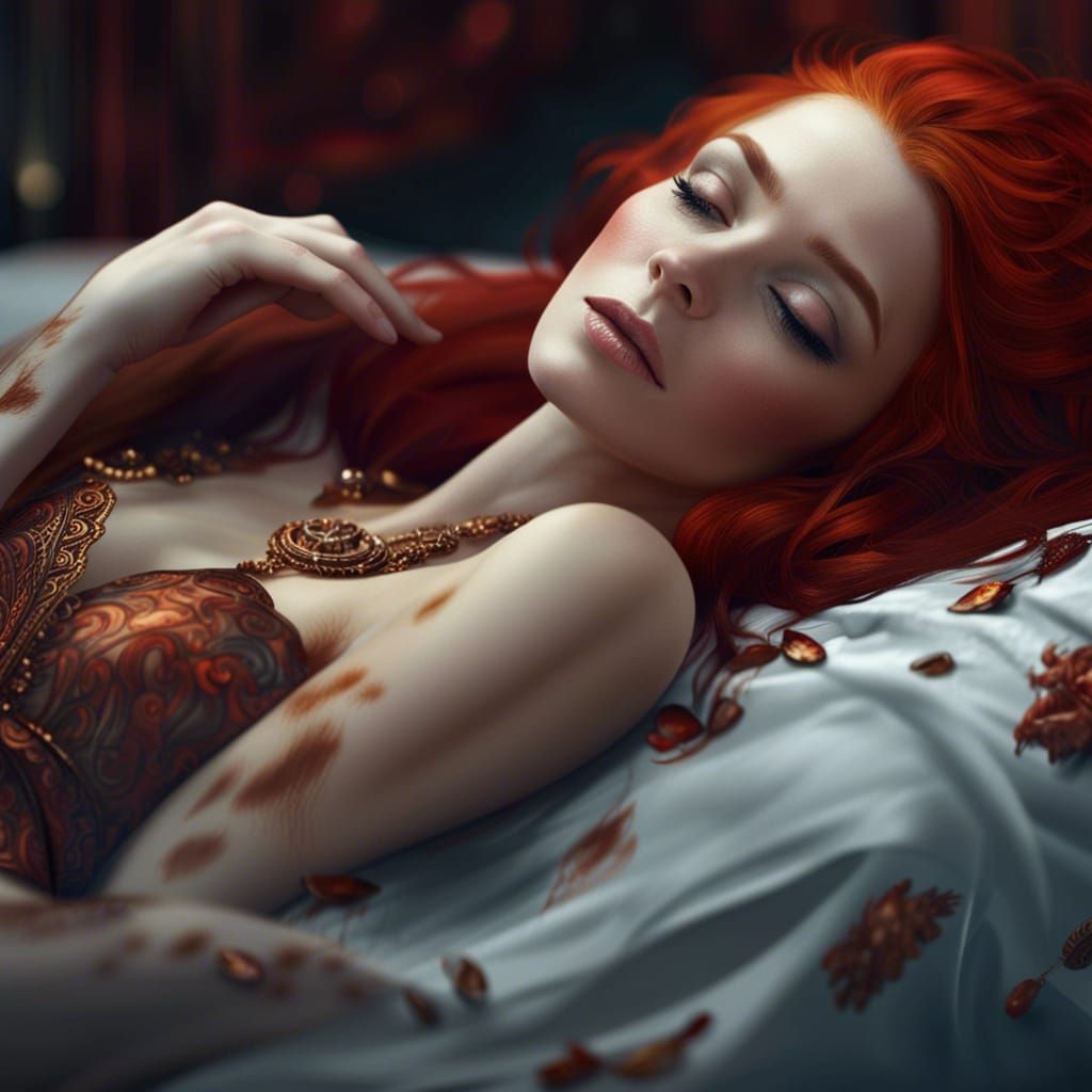 Red-Haired Woman on Luxury Bed, Fantasy Art