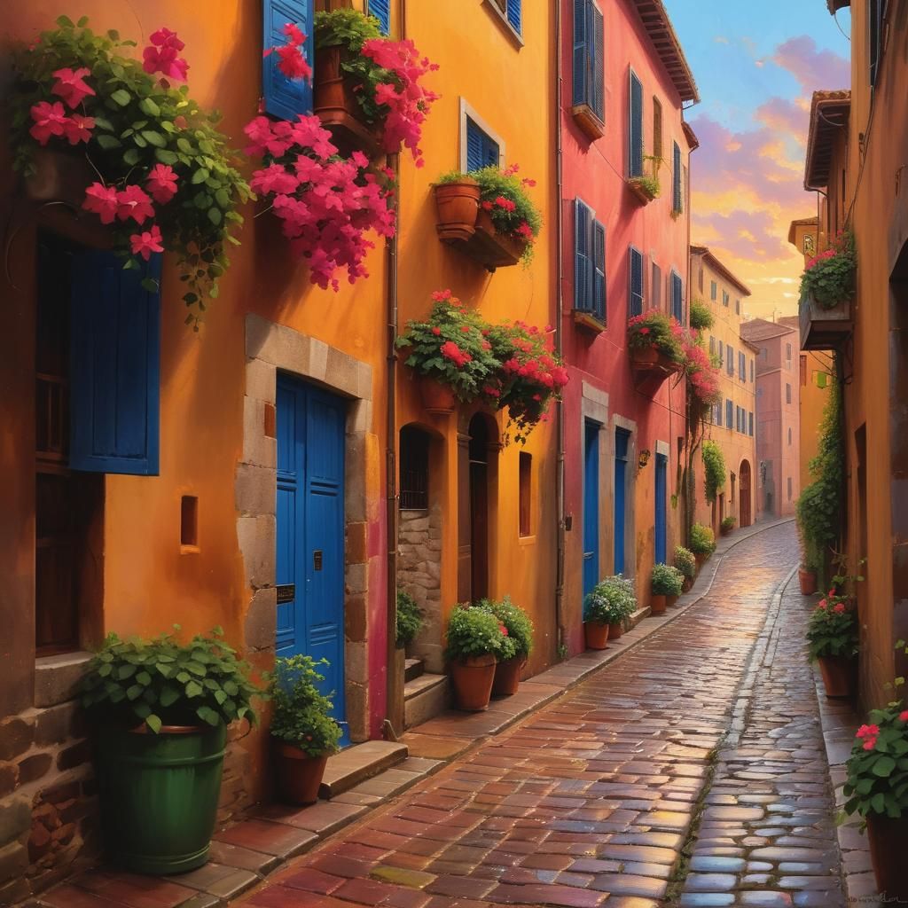Italian Alleyway at Golden Hour as Impressionist Painting