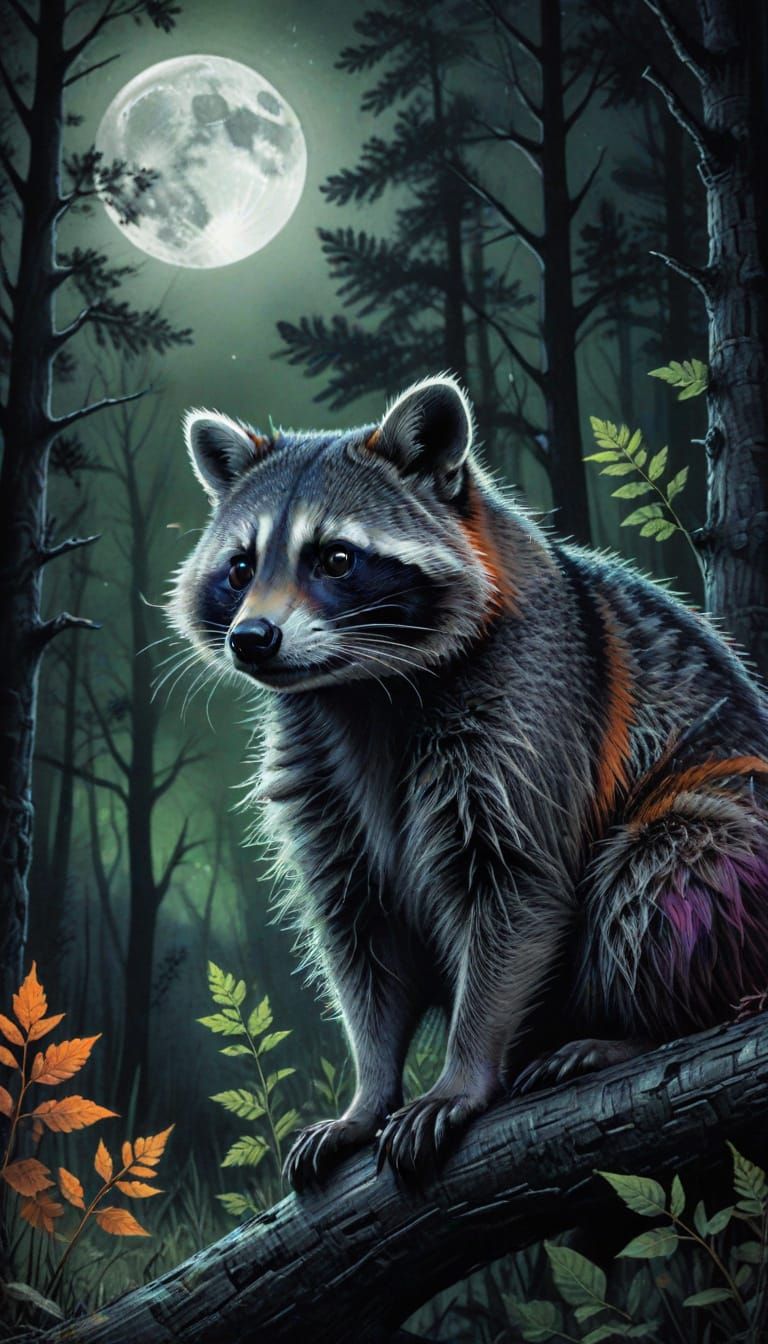 Neon Raccoon Silhouette in Moonlit Forest Charcoal Art