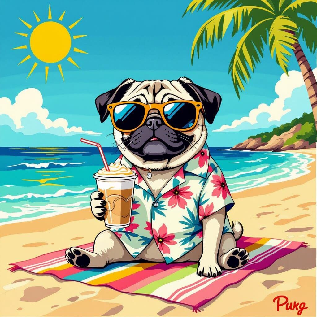 Whimsical Pug Enjoys Frappe on Sunny Crete Beach