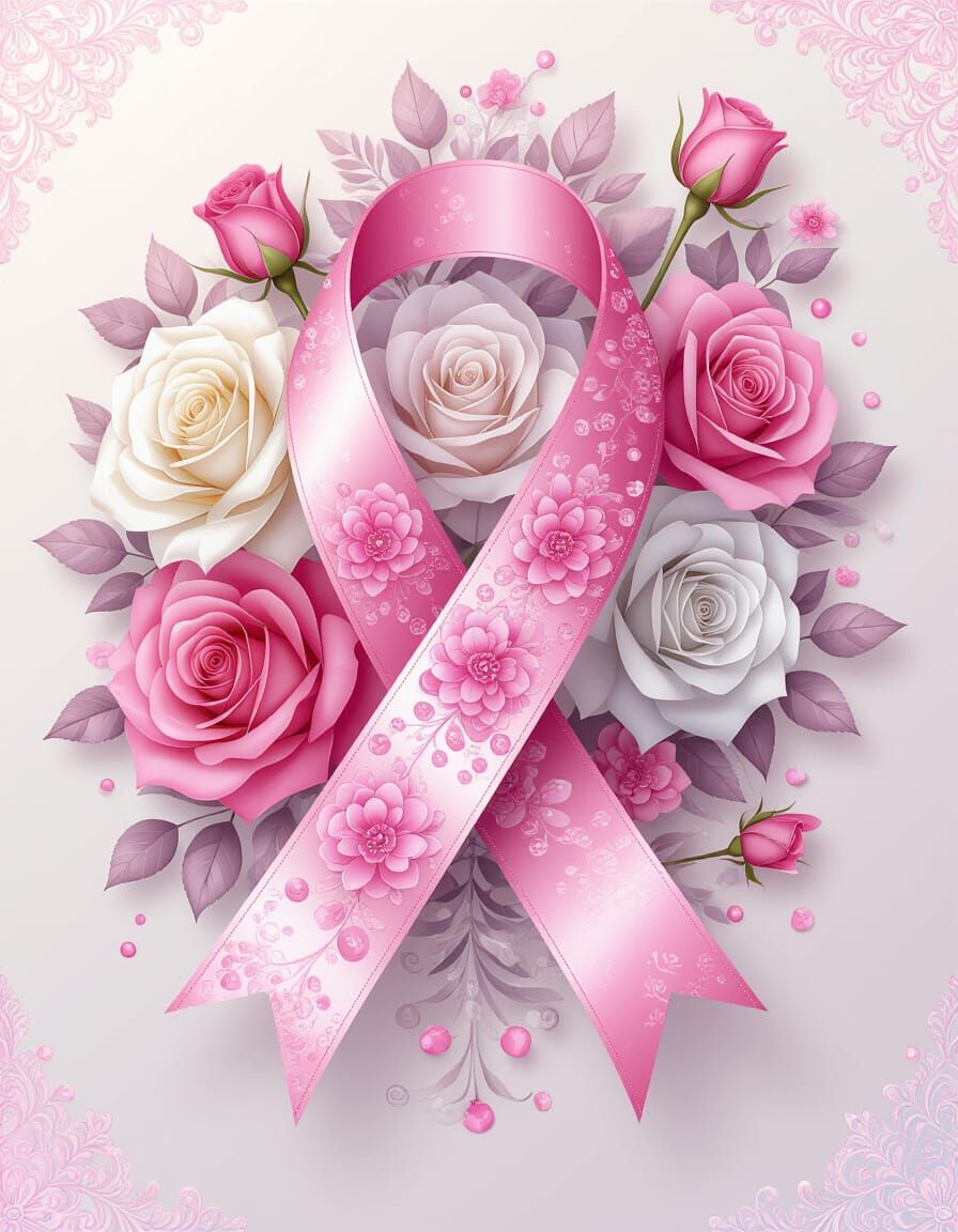 Pink Jeweled Cancer Ribbon with Roses in Watercolor