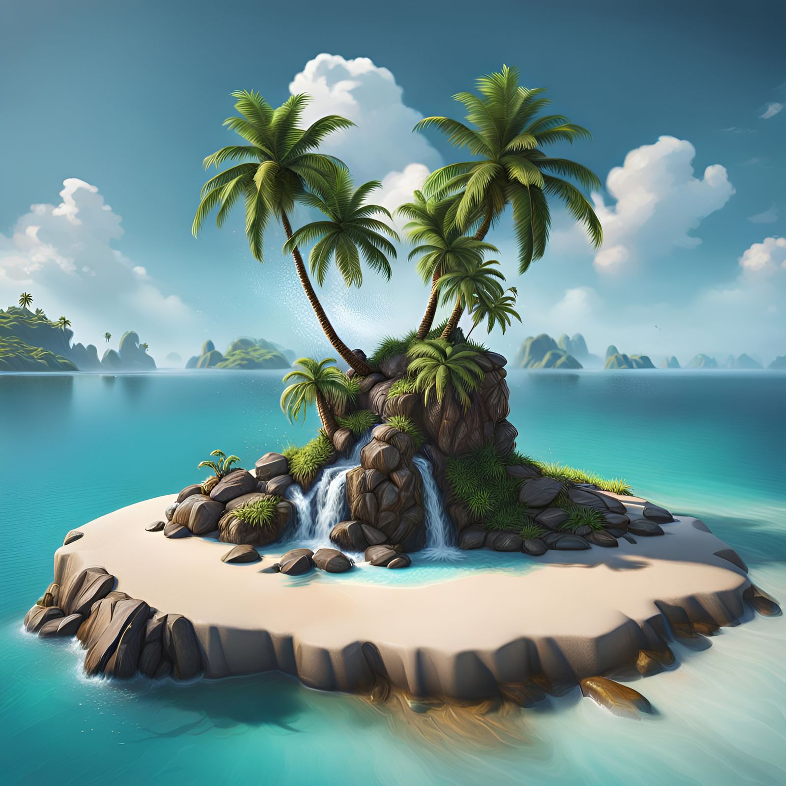 Tropical Island Oasis with Waterfall in Hyperrealistic Style
