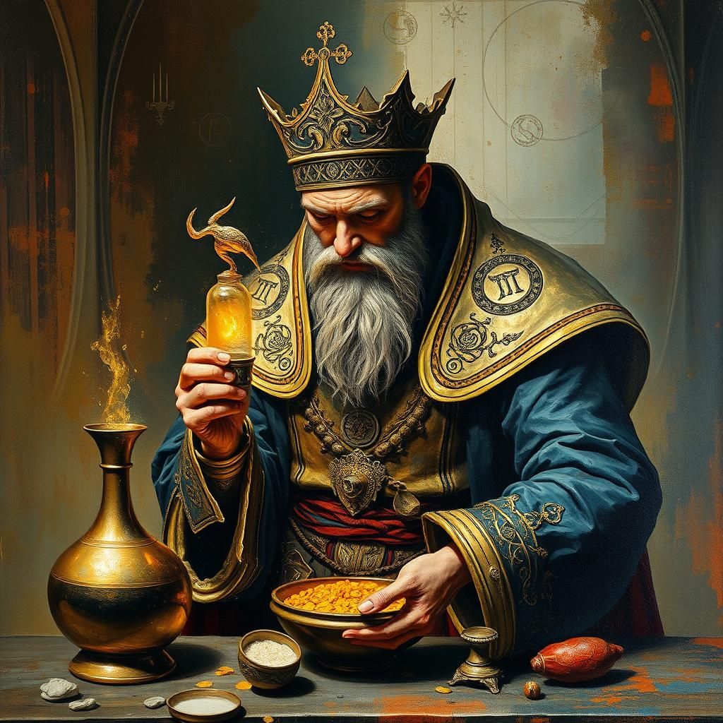 Alchemist Transmuting Lead to Gold in Dystopian Art Deco