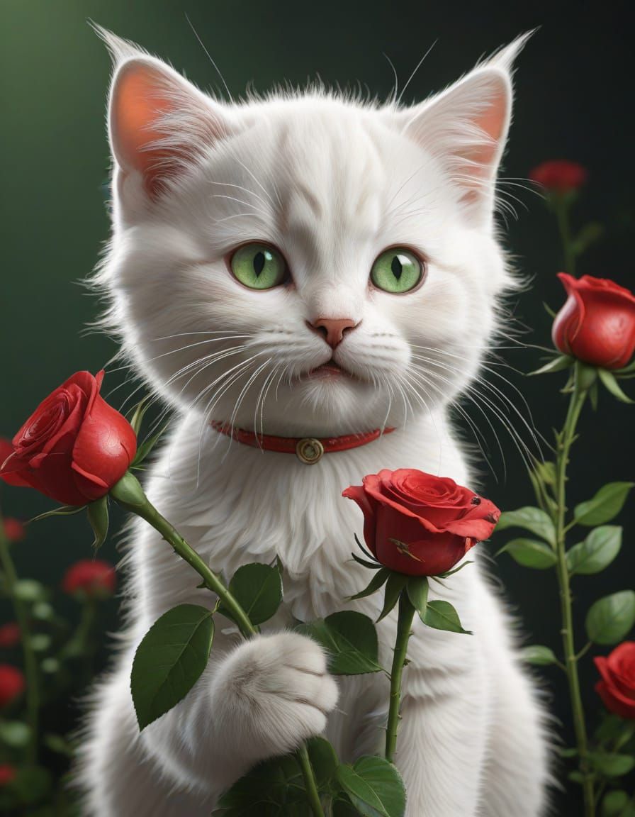 Whimsical White Persian Kitten Devours Red Roses in a Fantas...
