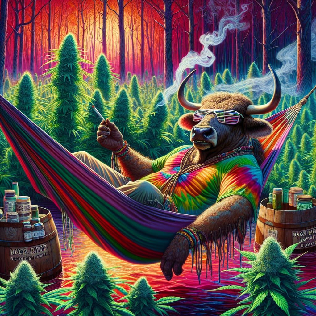 Hippie Bull in Marsh with Cannabis Plants
