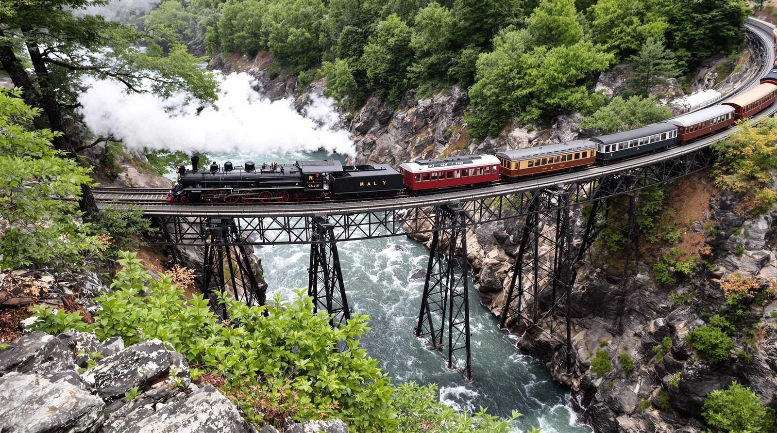 1880s Steam Train Crossing Mountain River