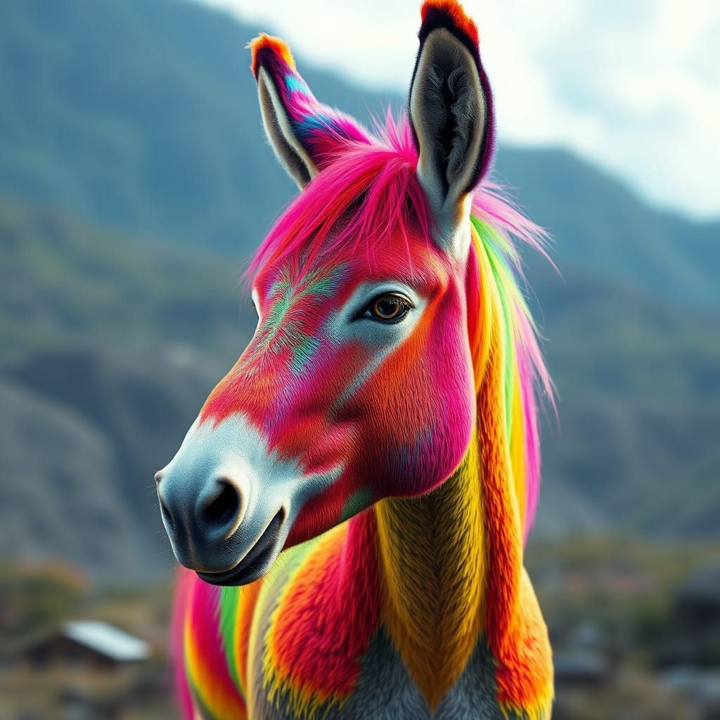 Surreal Fantasy Donkey in Vibrant, Rainbow-Hued Settings