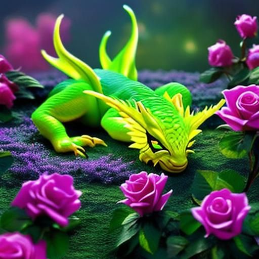 Tiny Dragon Sleeping in Fluorescent Rose