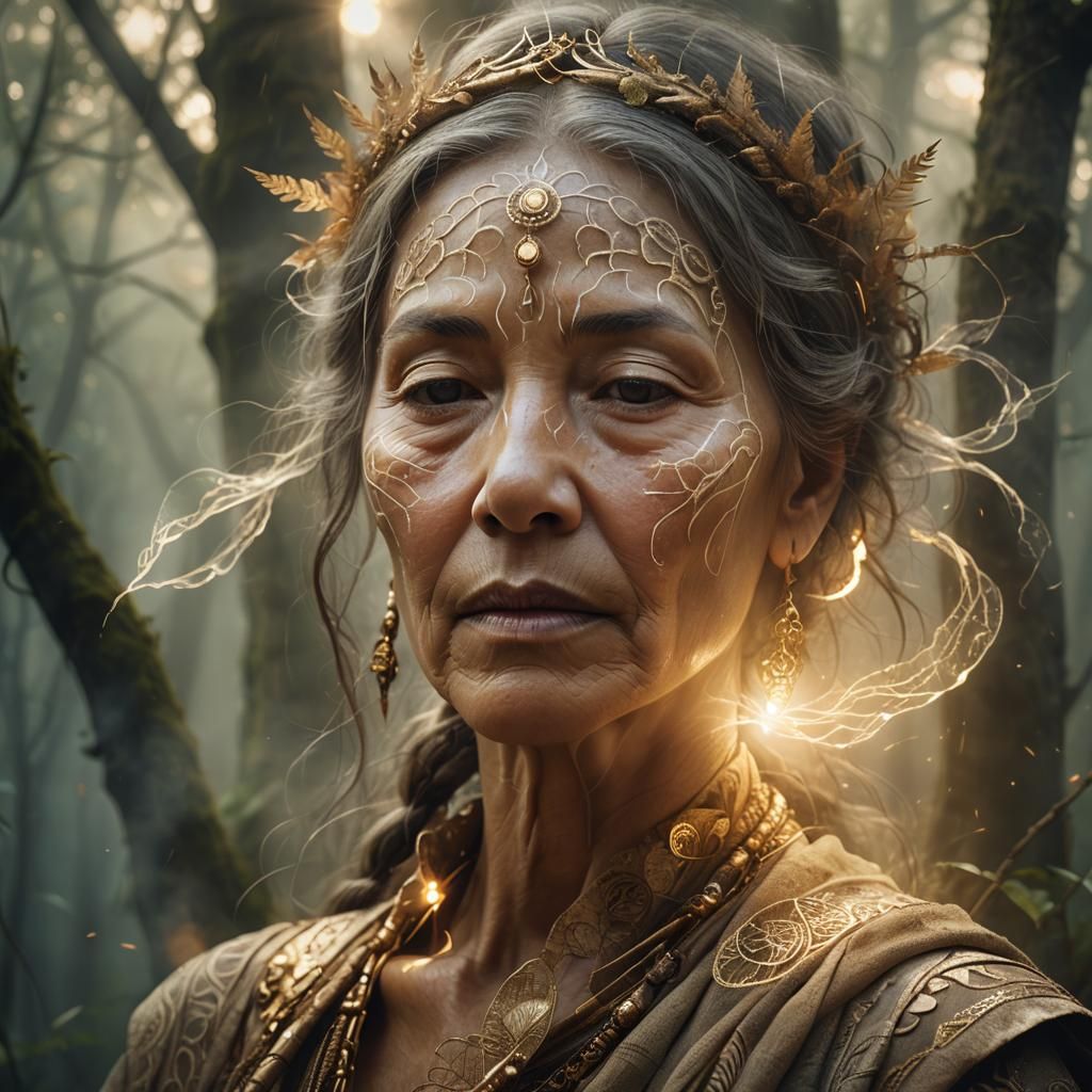 Mystical Ancient Woman with Glowing Aura in Forest